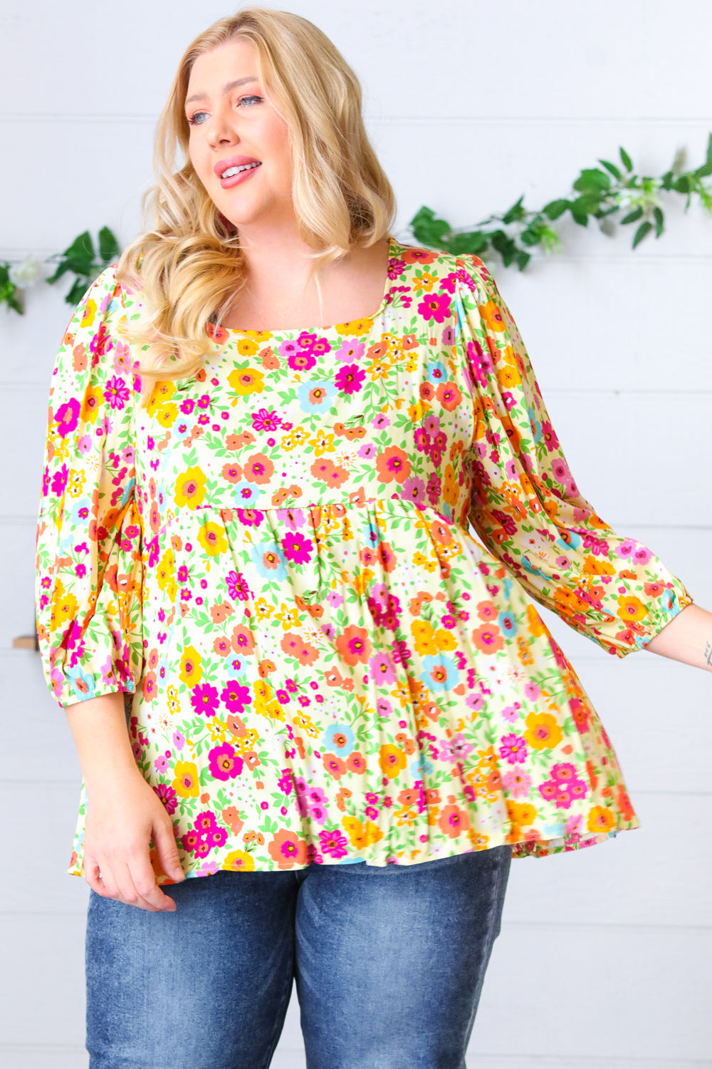 Daffodil Square Neck Peplum Floral Challis Woven Top