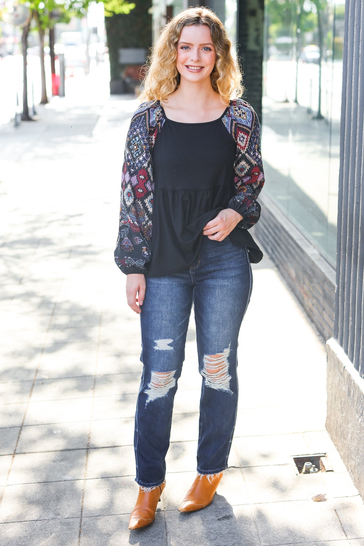 Charming Black Square Neck Border Print Bubble Sleeve Top