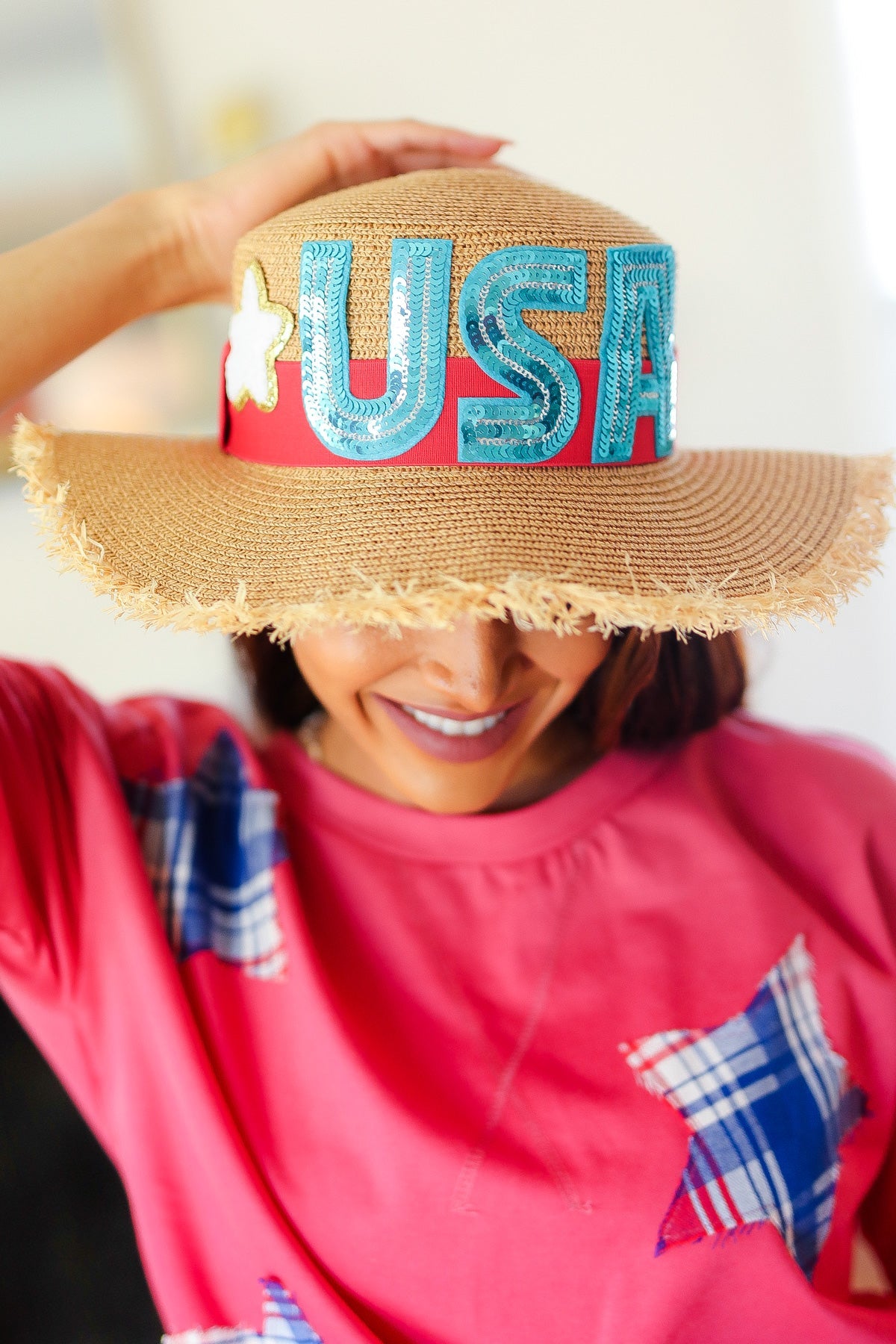 USA Sequin Frayed Edge Straw Hat