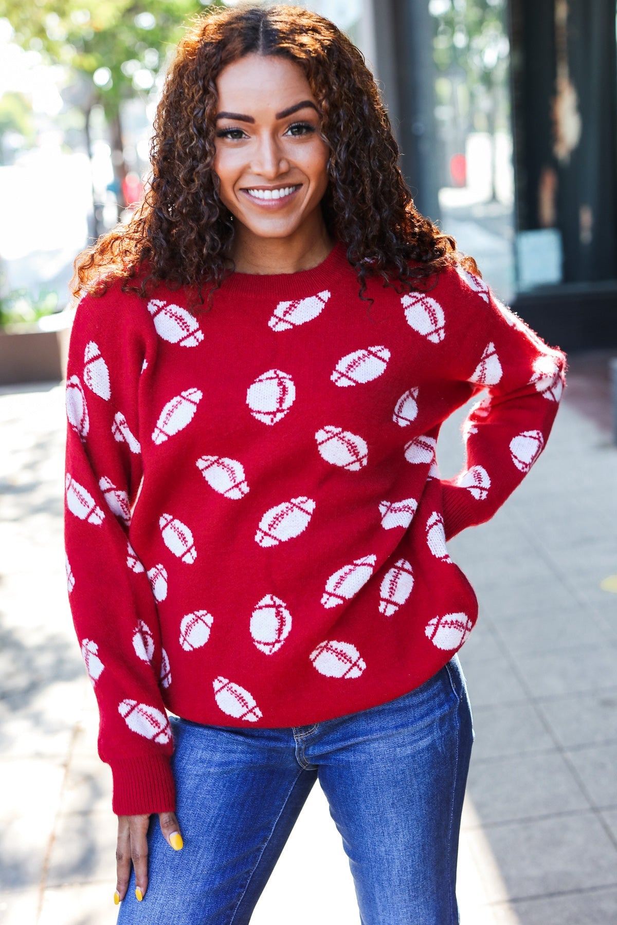 Game Day Red Football Print Jacquard Knit Sweater