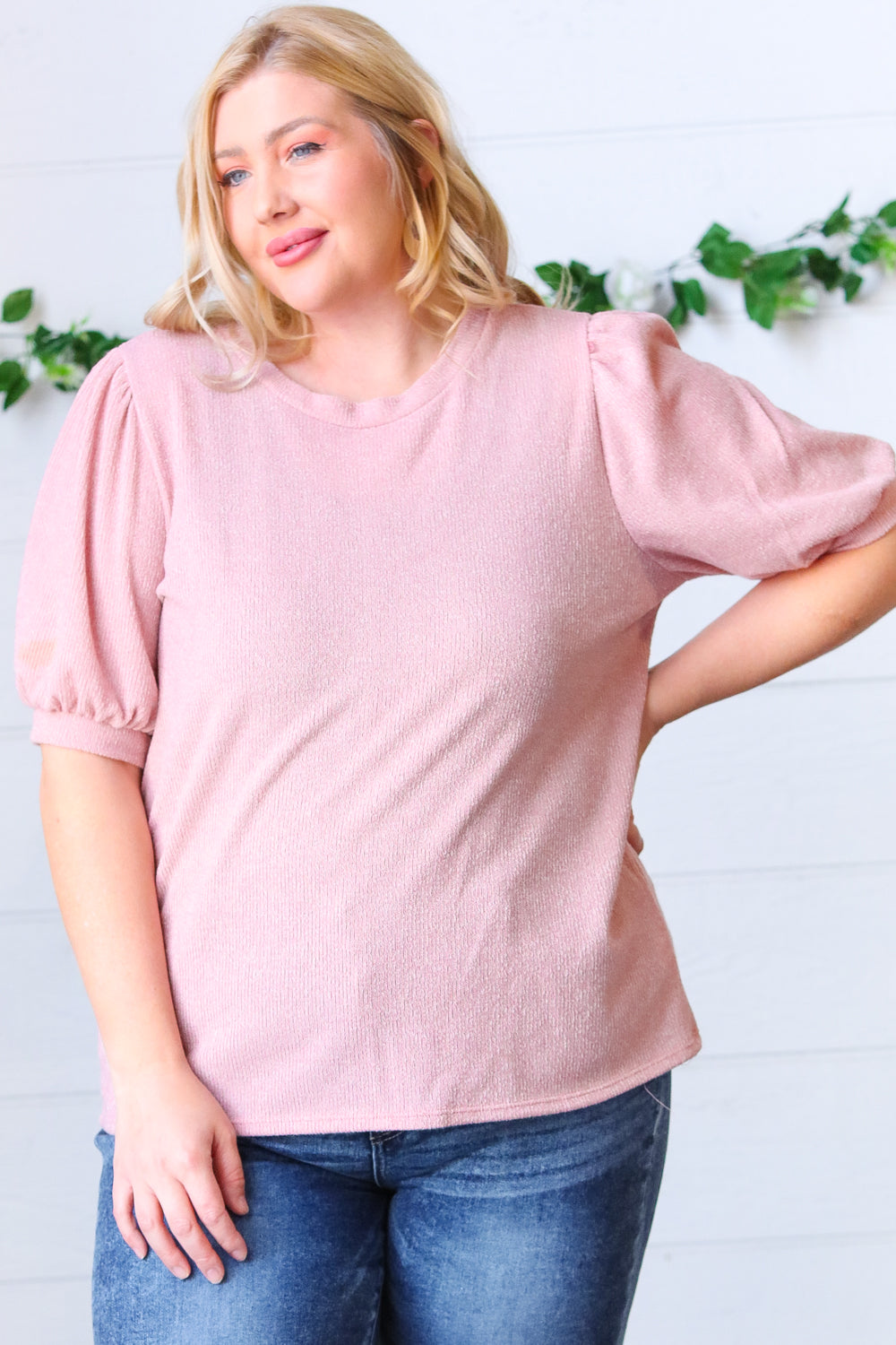 Baby Pink Puff Sleeve Two Tone Sweater Top