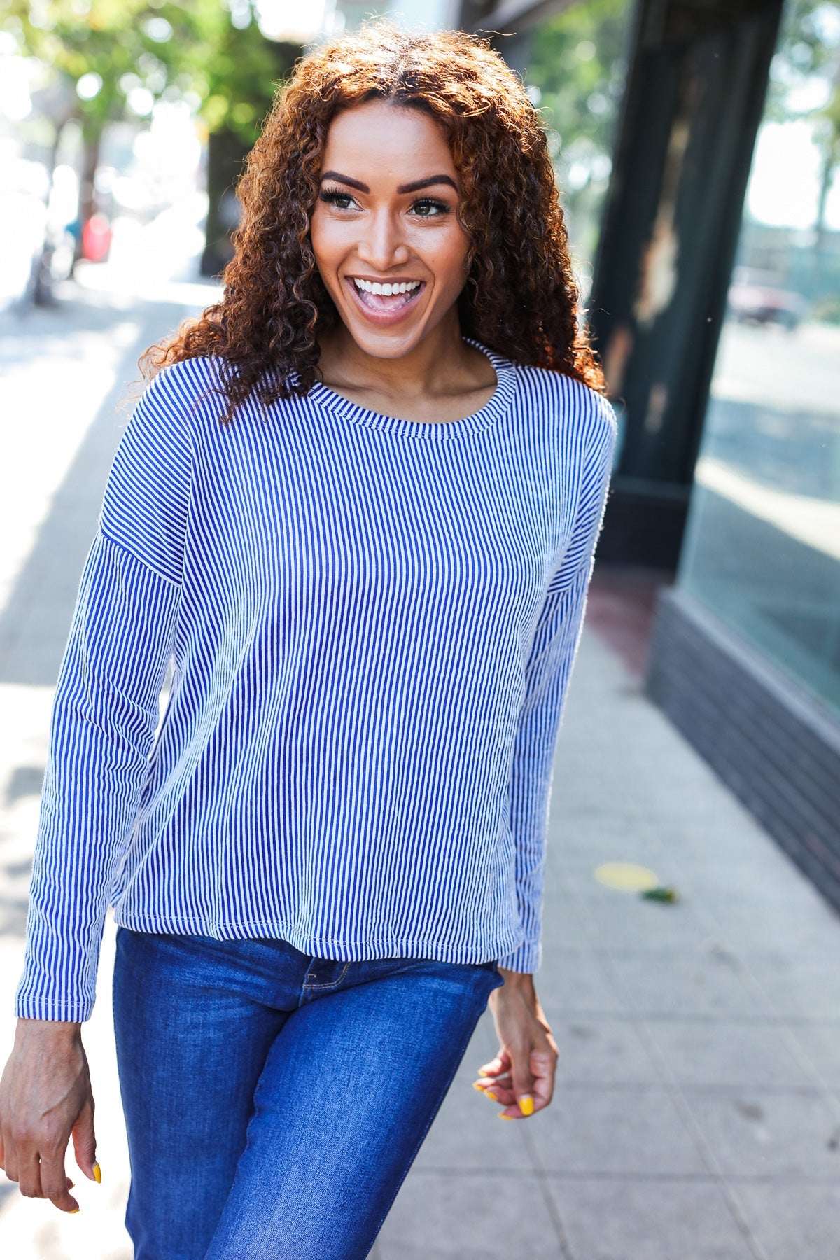 Hello Beautiful Blue Rib Dolman Sweater Top