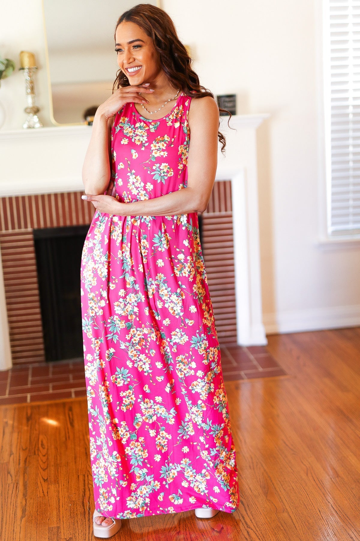 Pink Floral Print Fit and Flare Sleeveless Maxi Dress