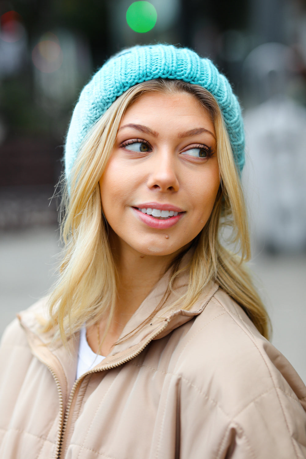 Teal Multicolor Cable Knit Pom-Pom Beanie