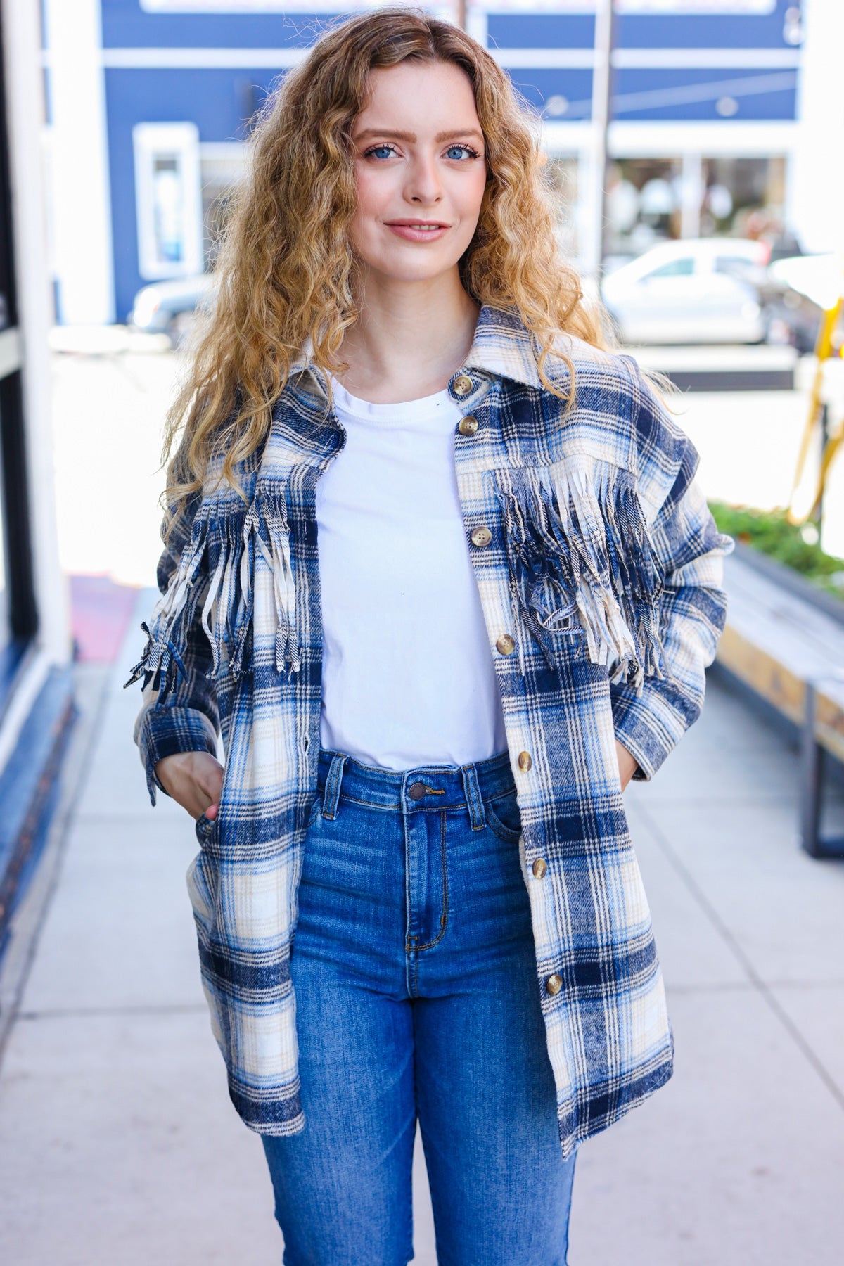 Boldly You Navy Plaid Fringe Button Down Shacket