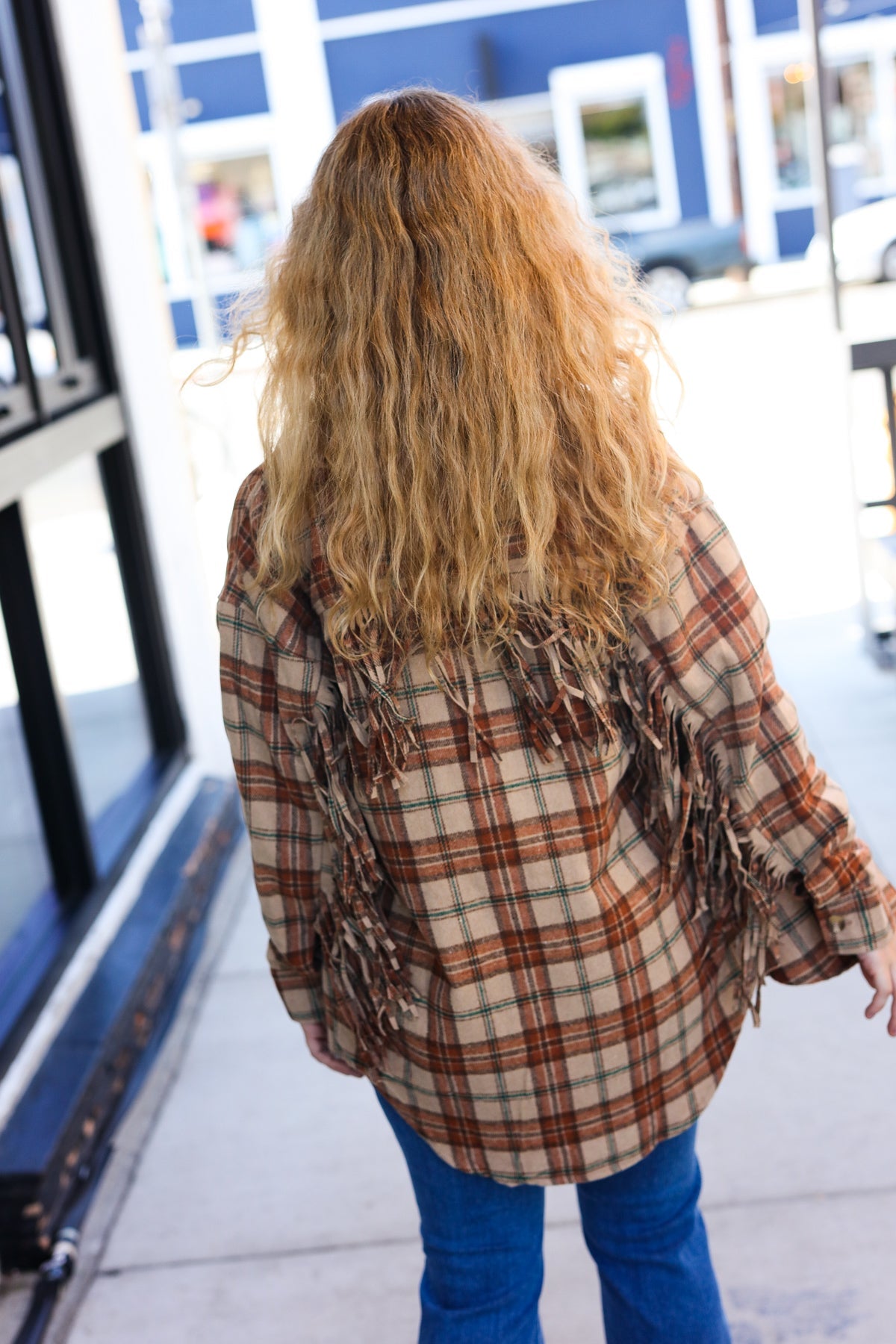 Boldly You Taupe & Rust Flannel Plaid Fringe Jacket