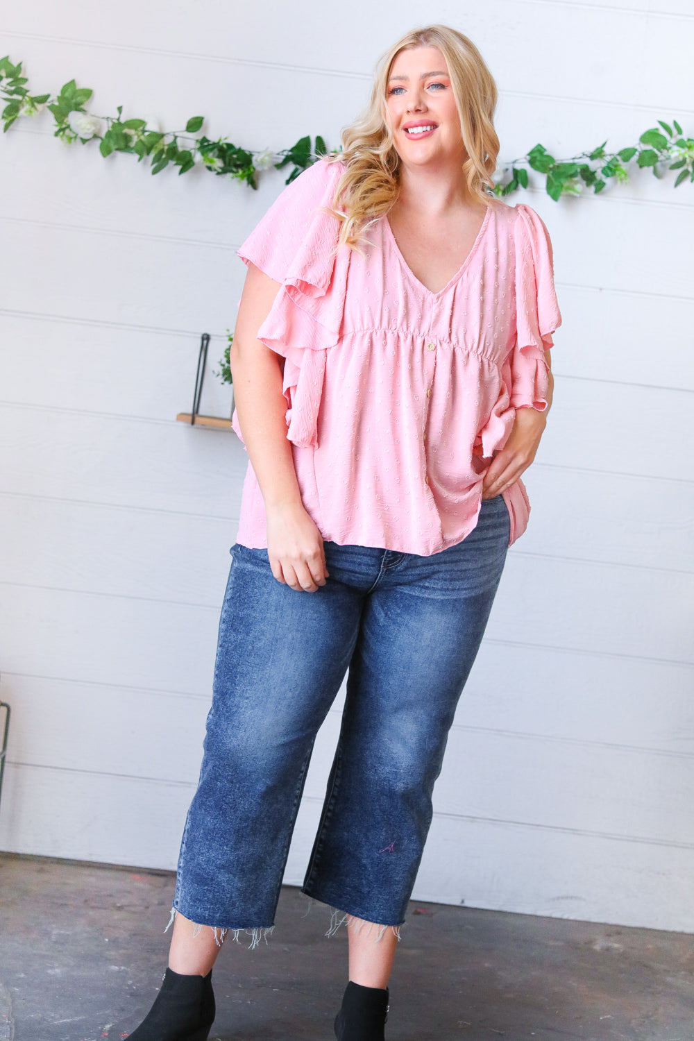 Soft Pink Swiss Dot Ruffle Woven Top