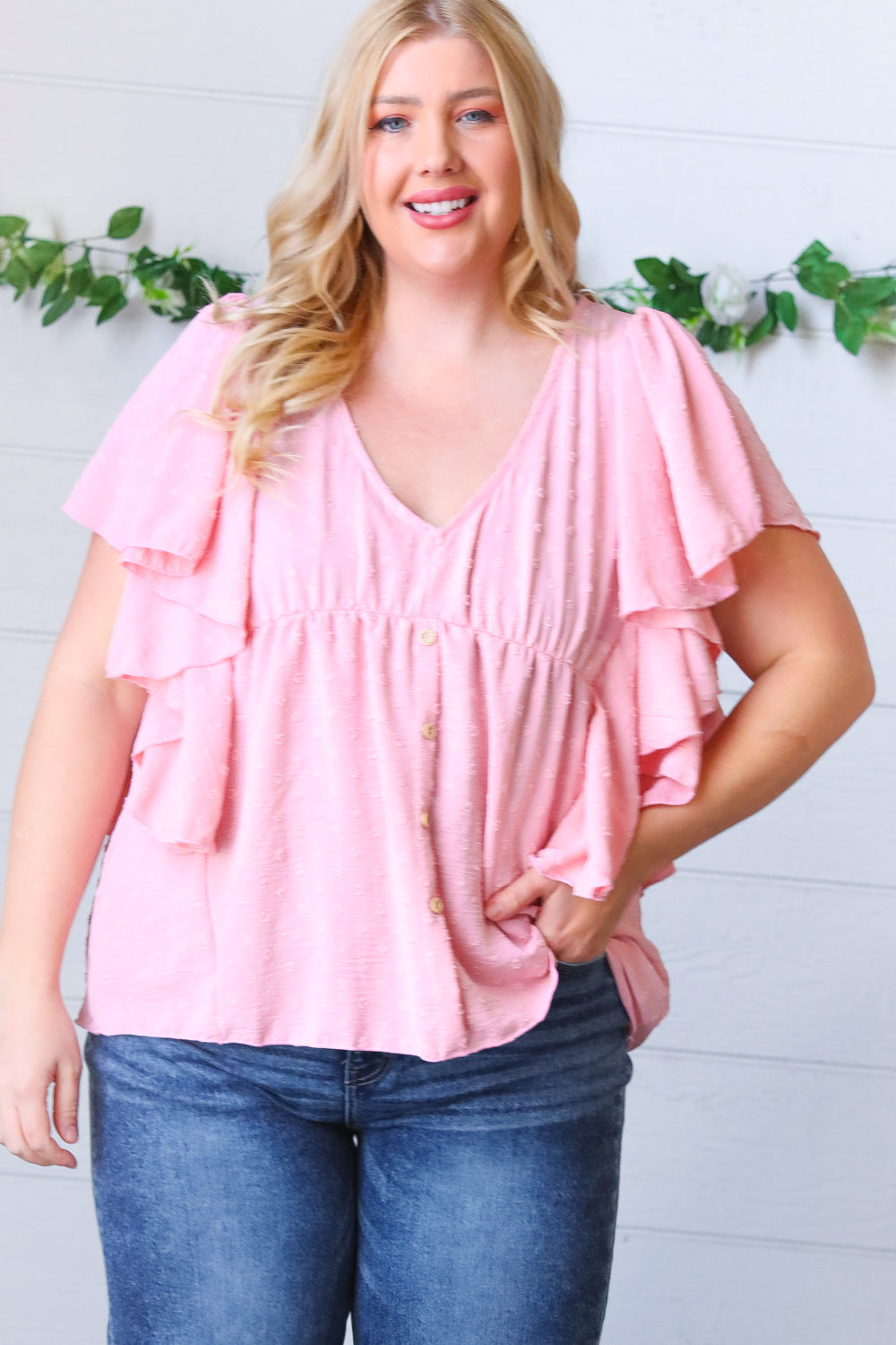 Soft Pink Swiss Dot Ruffle Woven Top