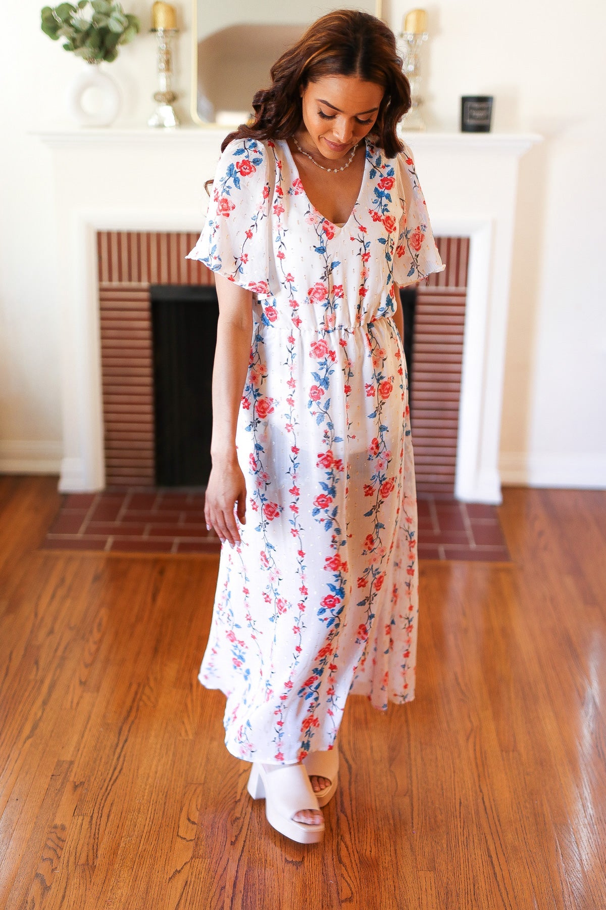 Red/Blue Floral Swiss Dot Chiffon Foil Maxi Dress