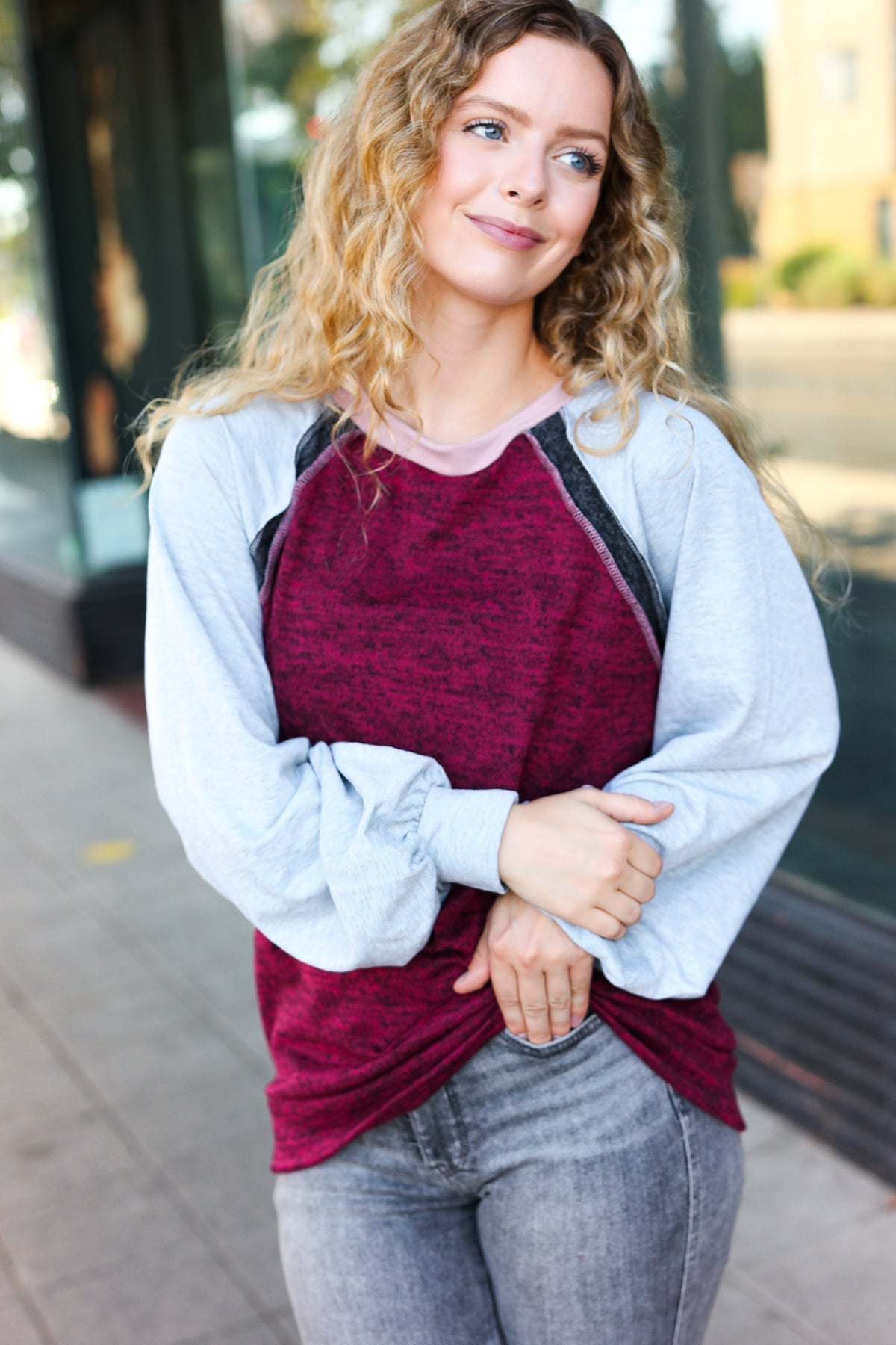 Autumn Vibes Grey & Burgundy Color Block Raglan Sweater