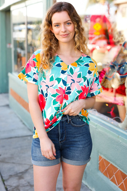 Teal & Coral Flat Floral V Neck Top