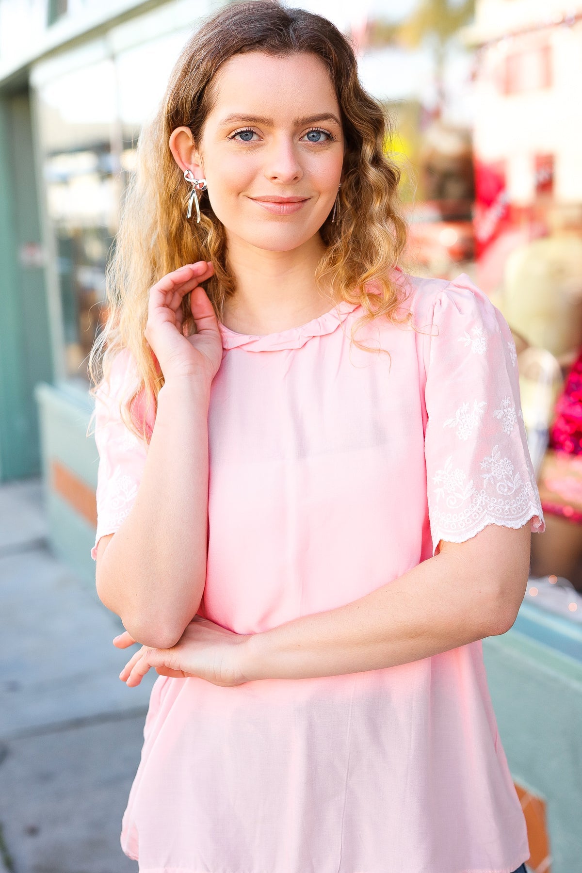 Blush Mock Neck Embroidered Woven Top