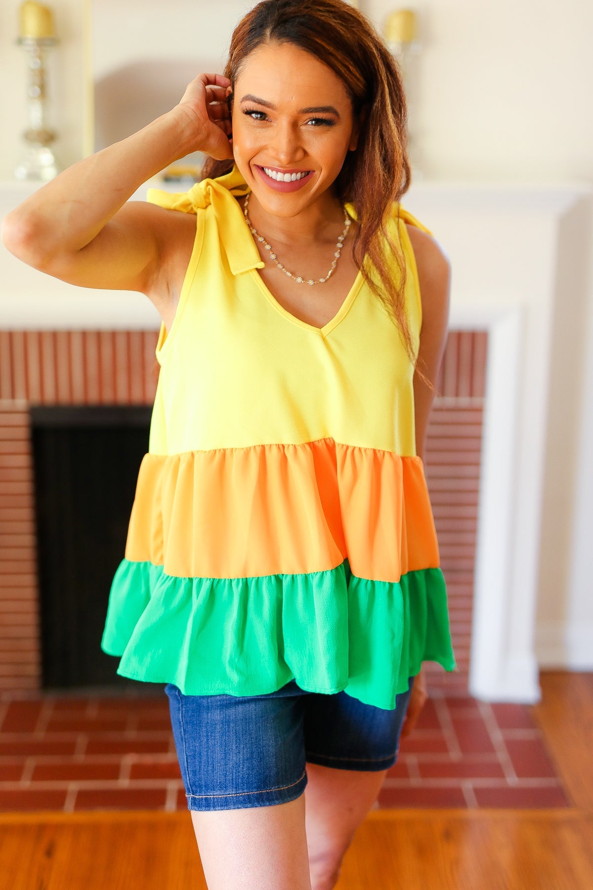 Yellow & Tangerine Tiered Shoulder Tie Crepe Top