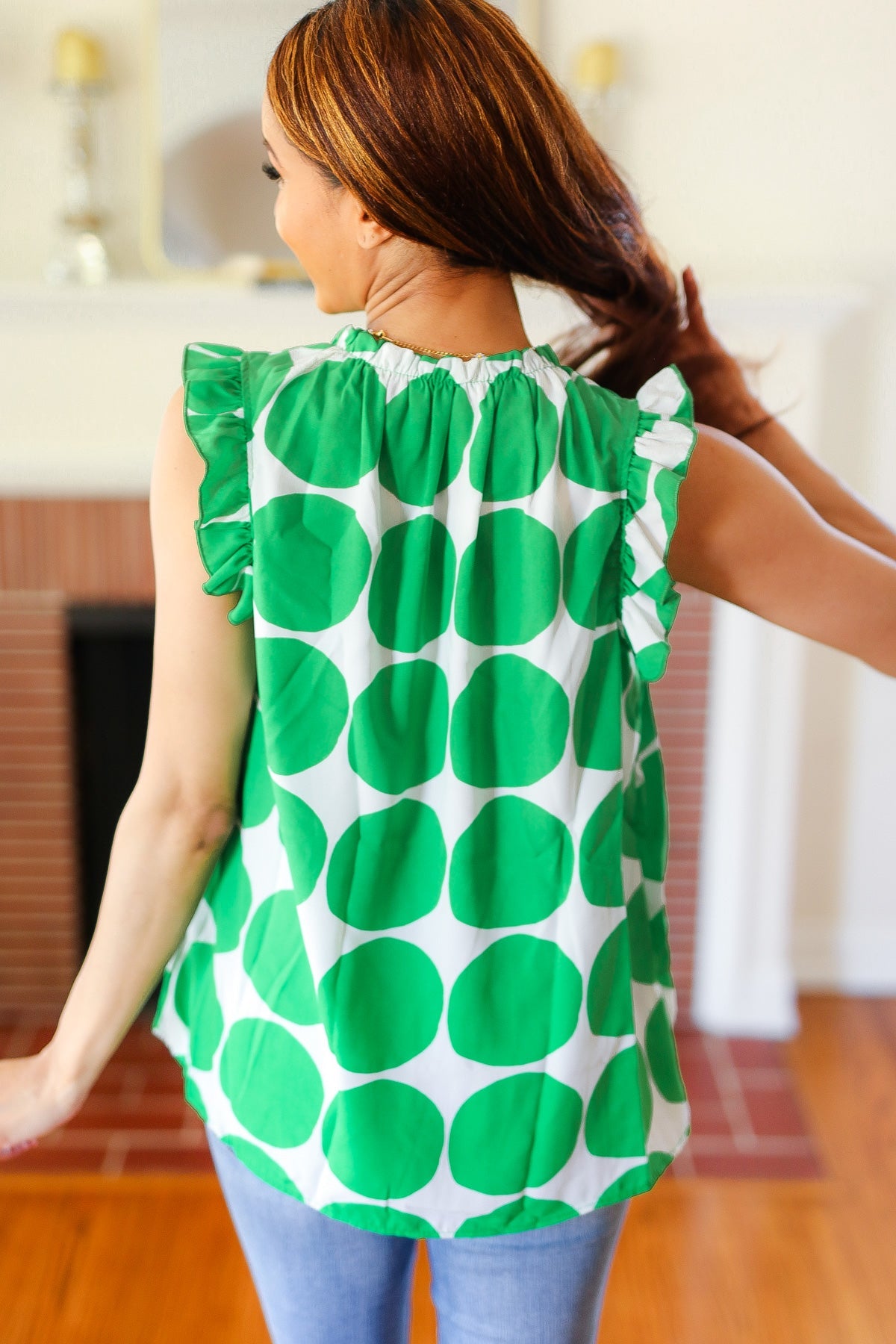 Green Polka-Dot Mock Neck Ruffle Sleeve Top