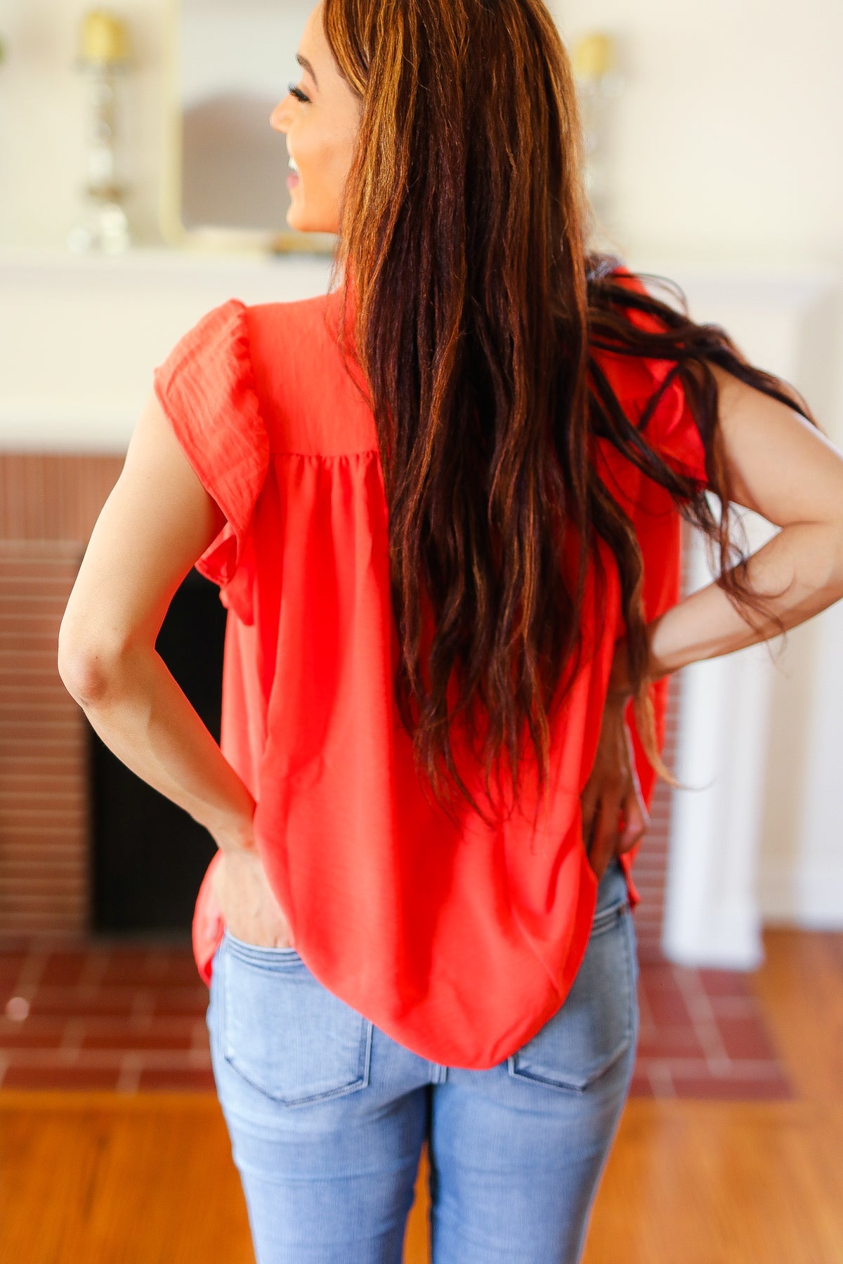 Red-Orange Mock Neck Flutter Sleeve Top