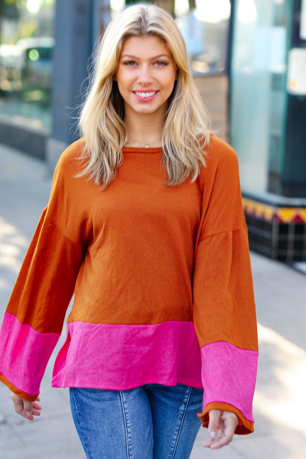 Fuchsia & Rust Color Block Hacci Top