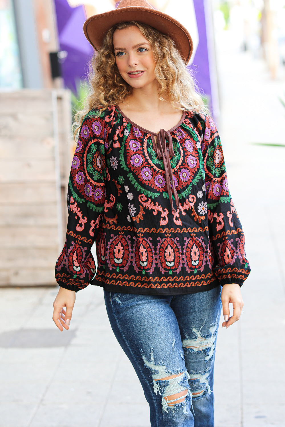 Take The Leap Black & Mauve Border Print Boho Tie Top