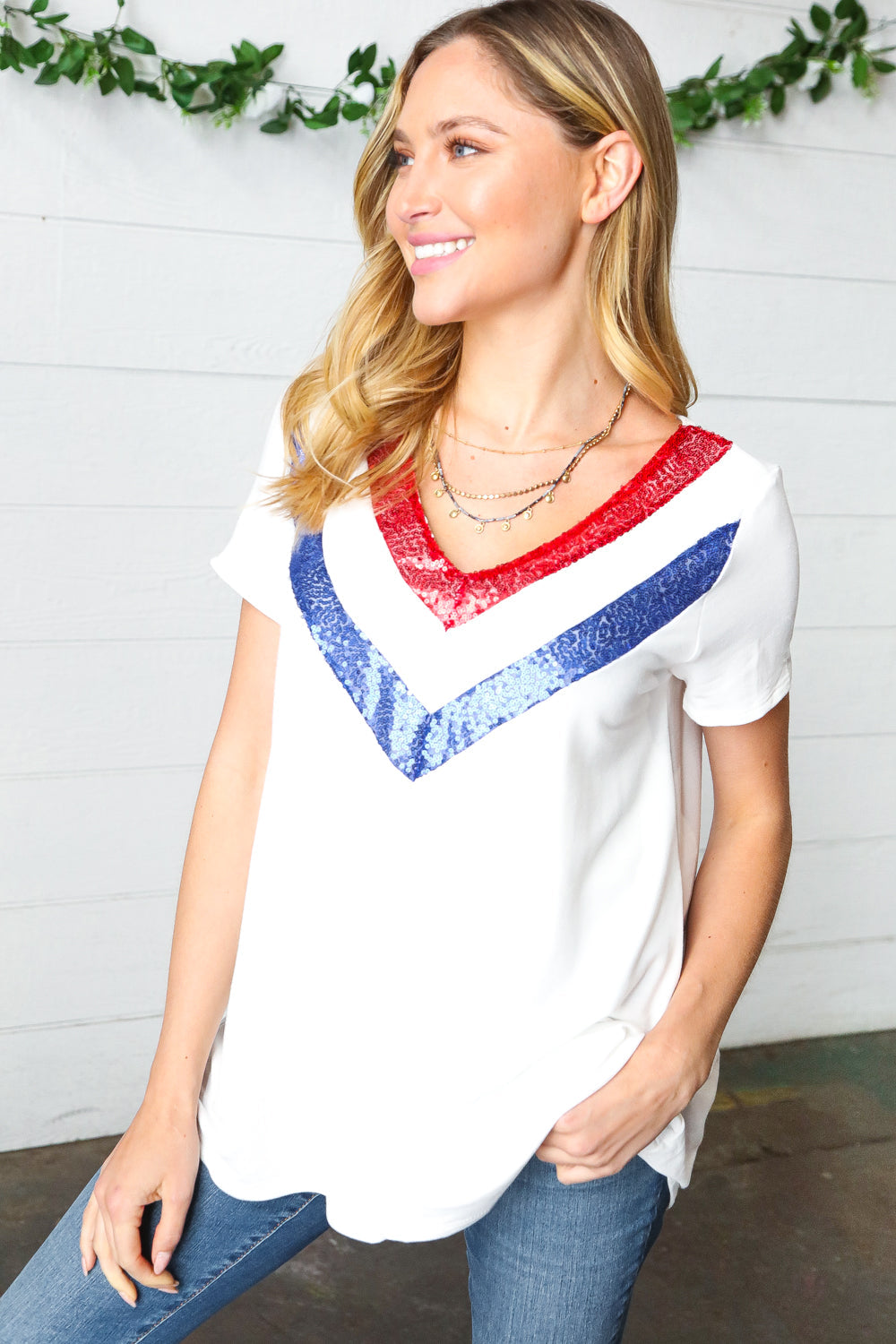 Patriotic Sequin V Neck French Terry Top