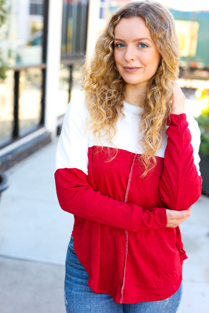 Festive Red & White Drop Shoulder Outseam Color Block Top