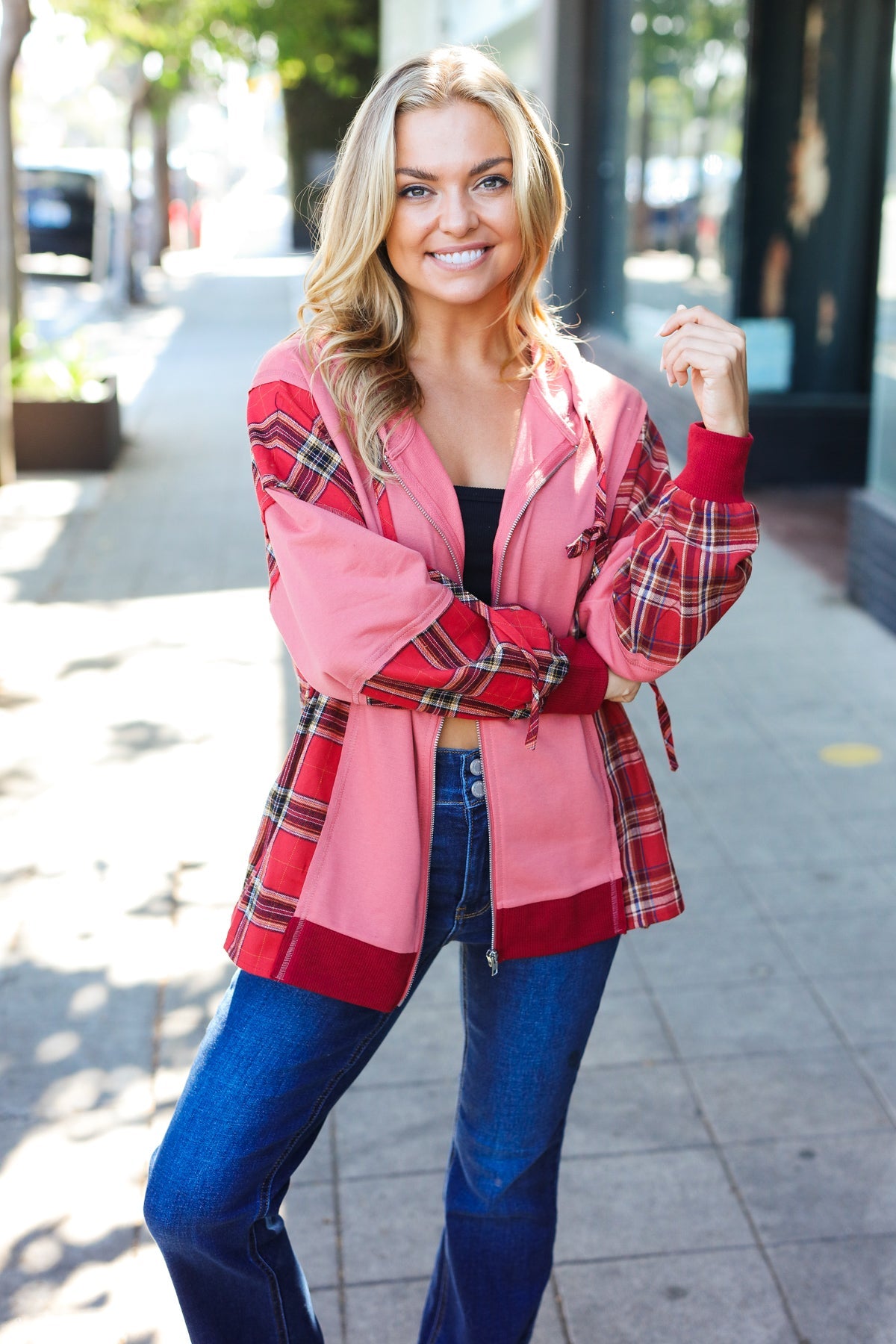 Adorable in Marsala Plaid Color Block Zipper French Terry Hoodie