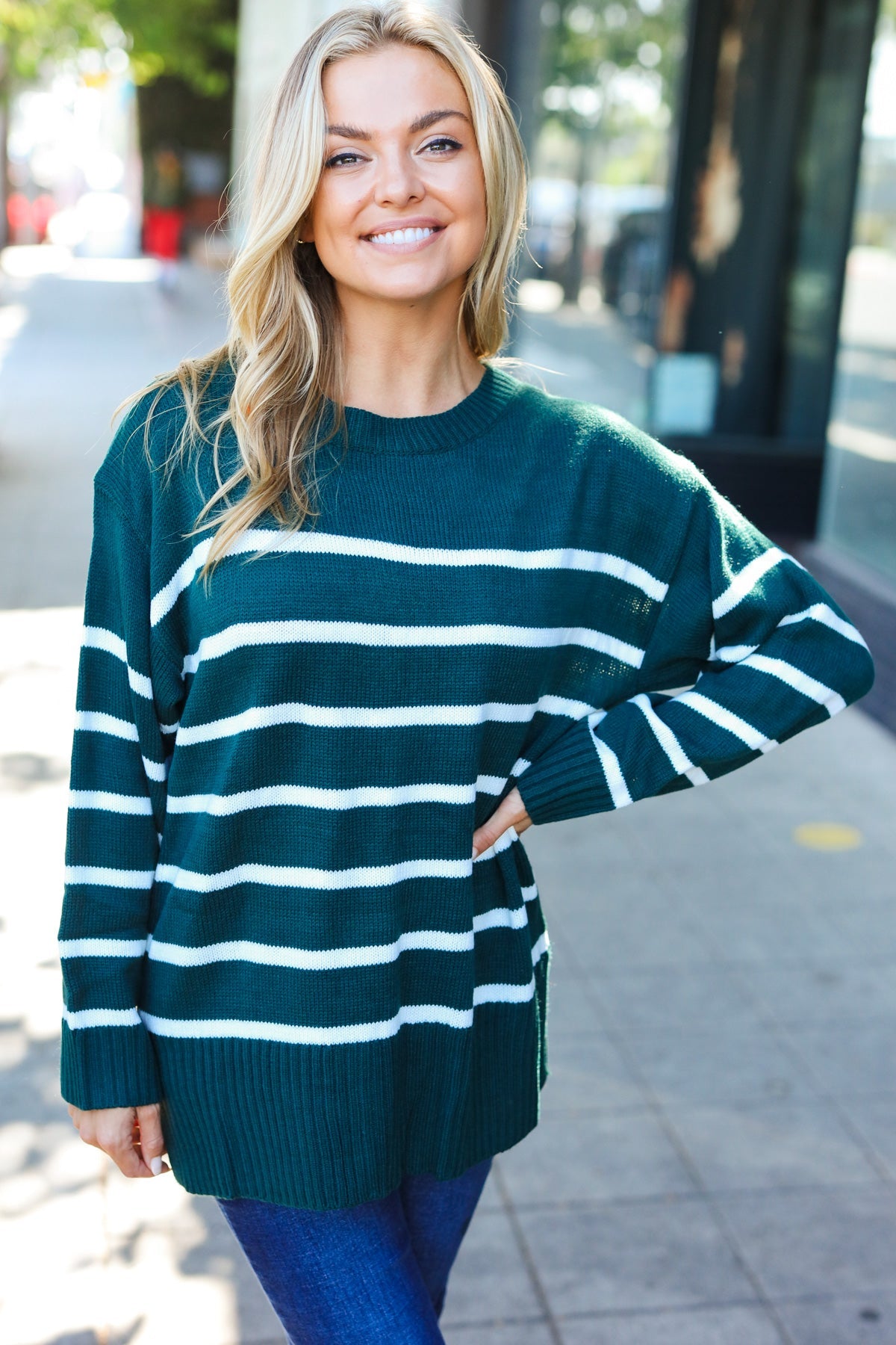 Stand Out Hunter Green Striped Oversized Knit Sweater