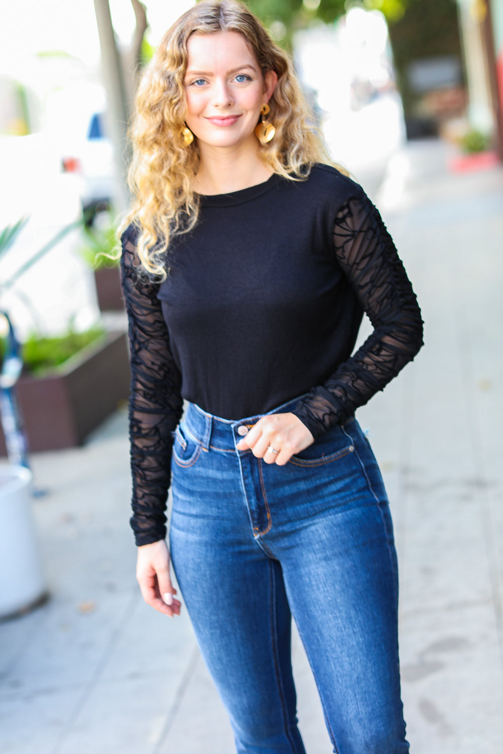 Can't Help But Love Black Shirred Velvet Mesh Blouse