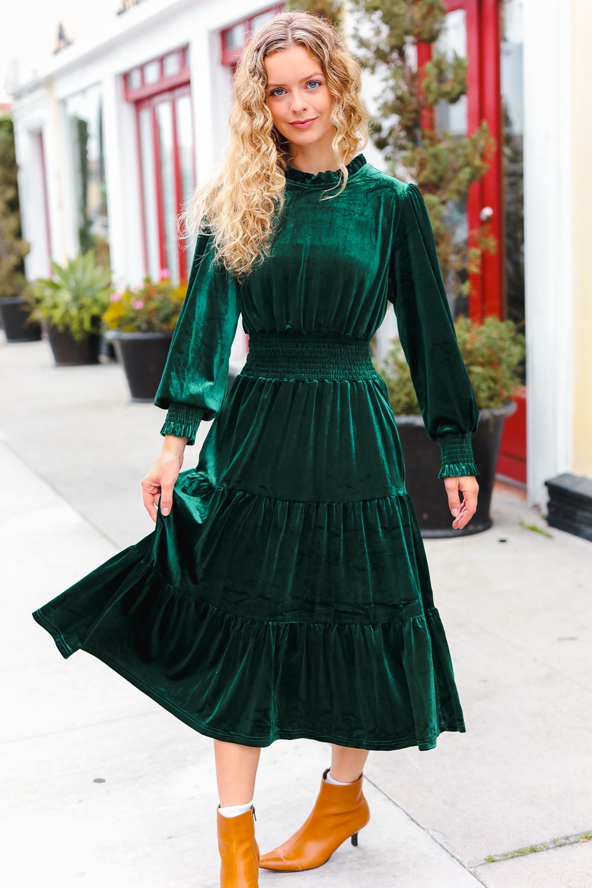 Holiday Dreaming Hunter Green Velvet Mock Neck Smocked Waist Dress