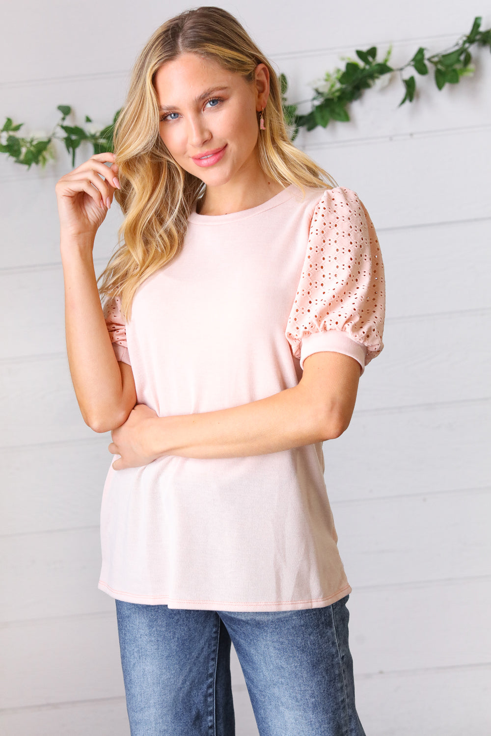 Peach Eyelet Puff Sleeve French Terry Top