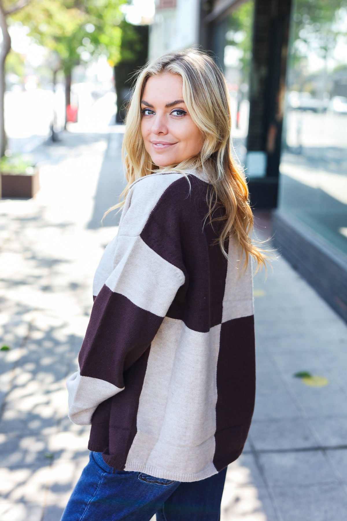 Cozy Up Brown Color Block Collared Zip Up Sweater