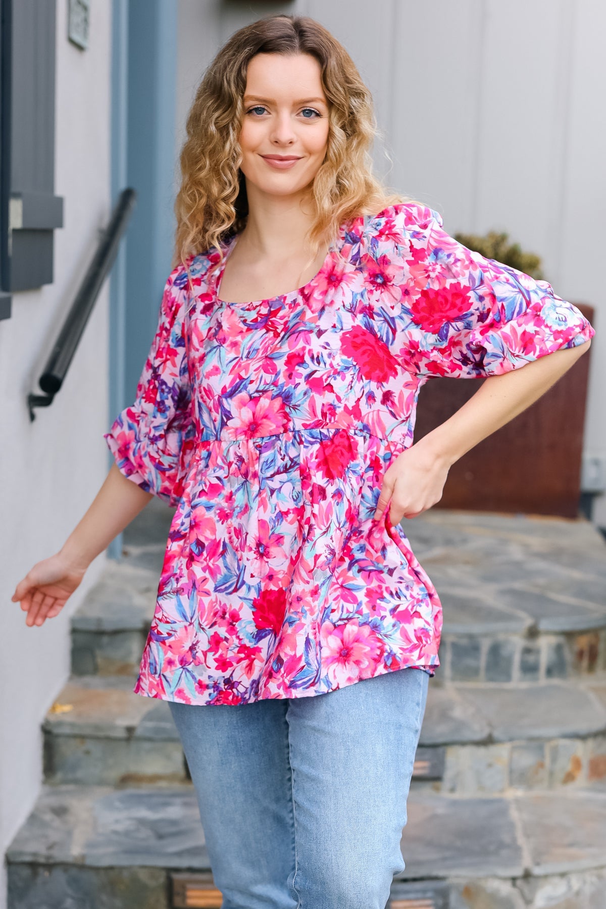 Feeling Femmi Pink & Fuchsia Floral Peplum Woven Top