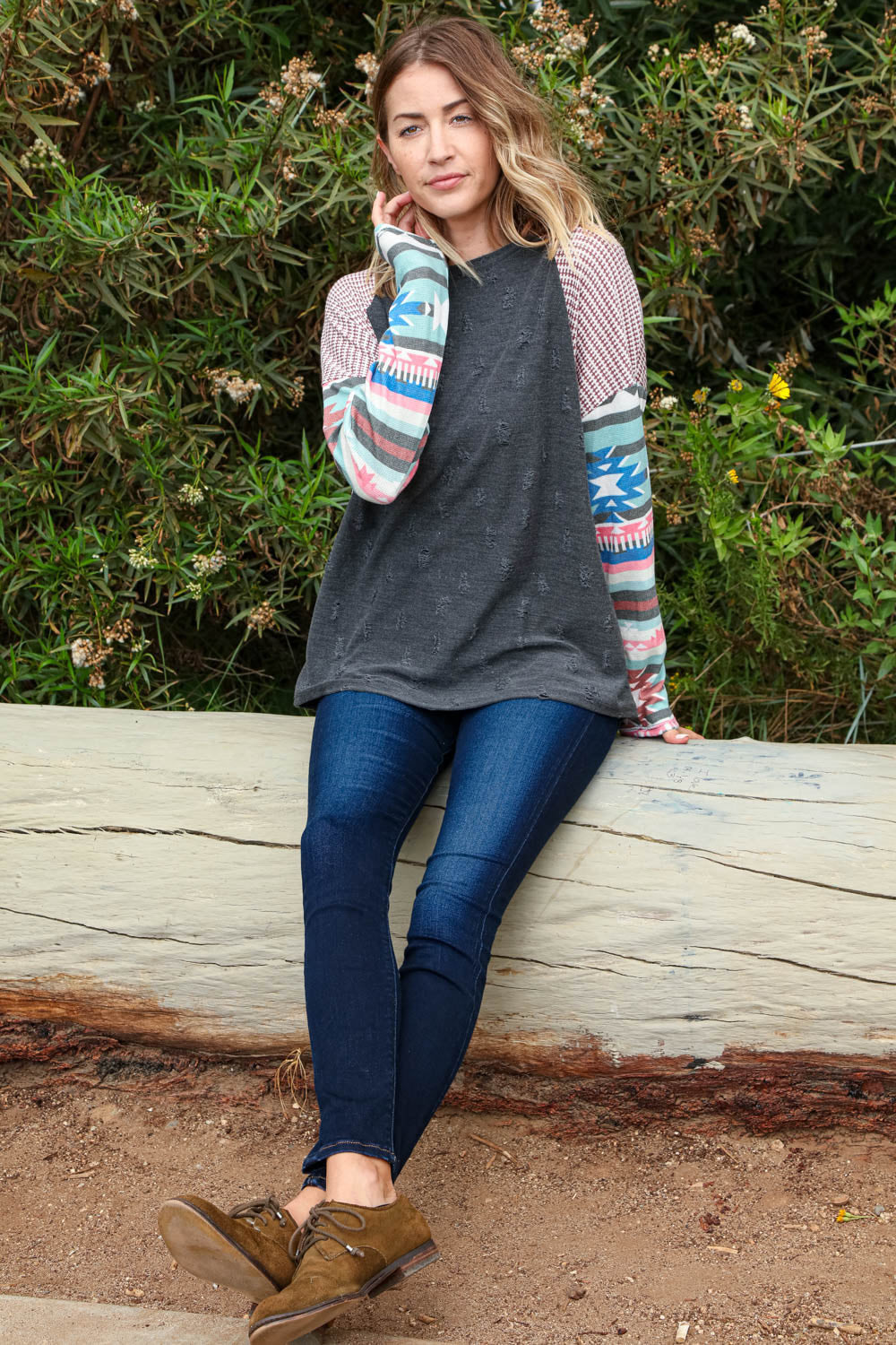 Distressed Jacquard Dolman Aztec Thermal Top