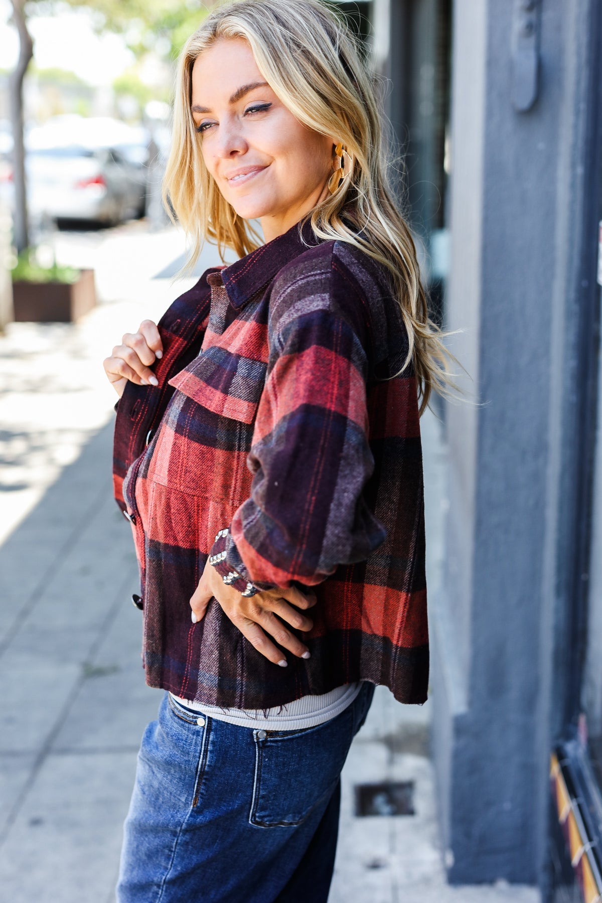 City Streets Burgundy & Rust Plaid Studded Cropped Jacket