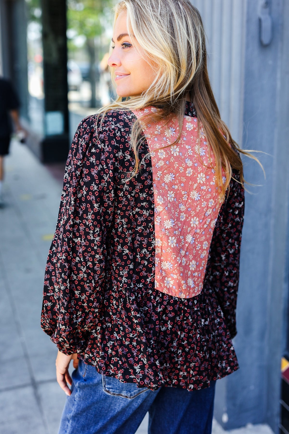 Black Floral Beaded Tie Peasant Woven Blouse