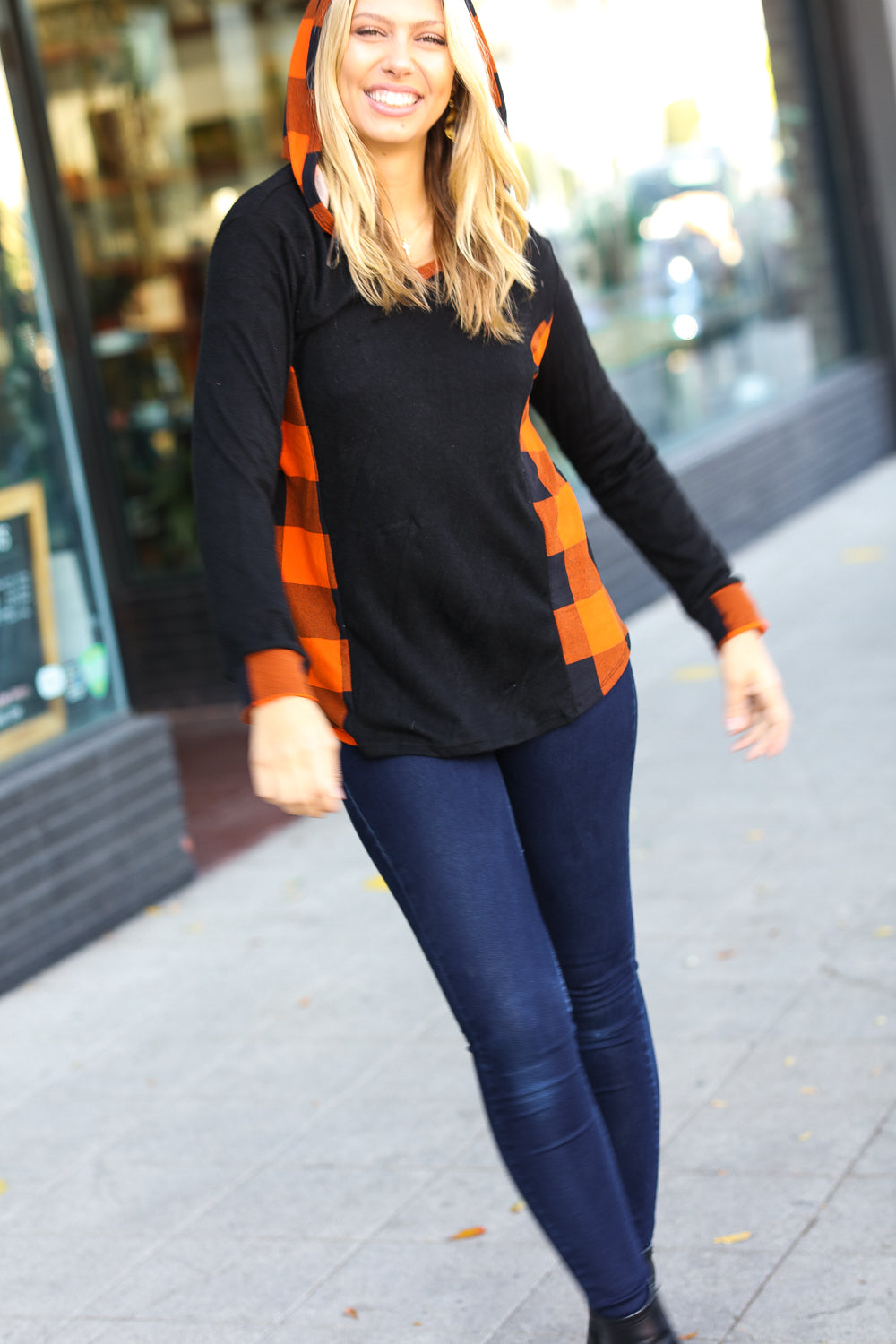 Black & Rust Plaid Hacci Knit Hoodie