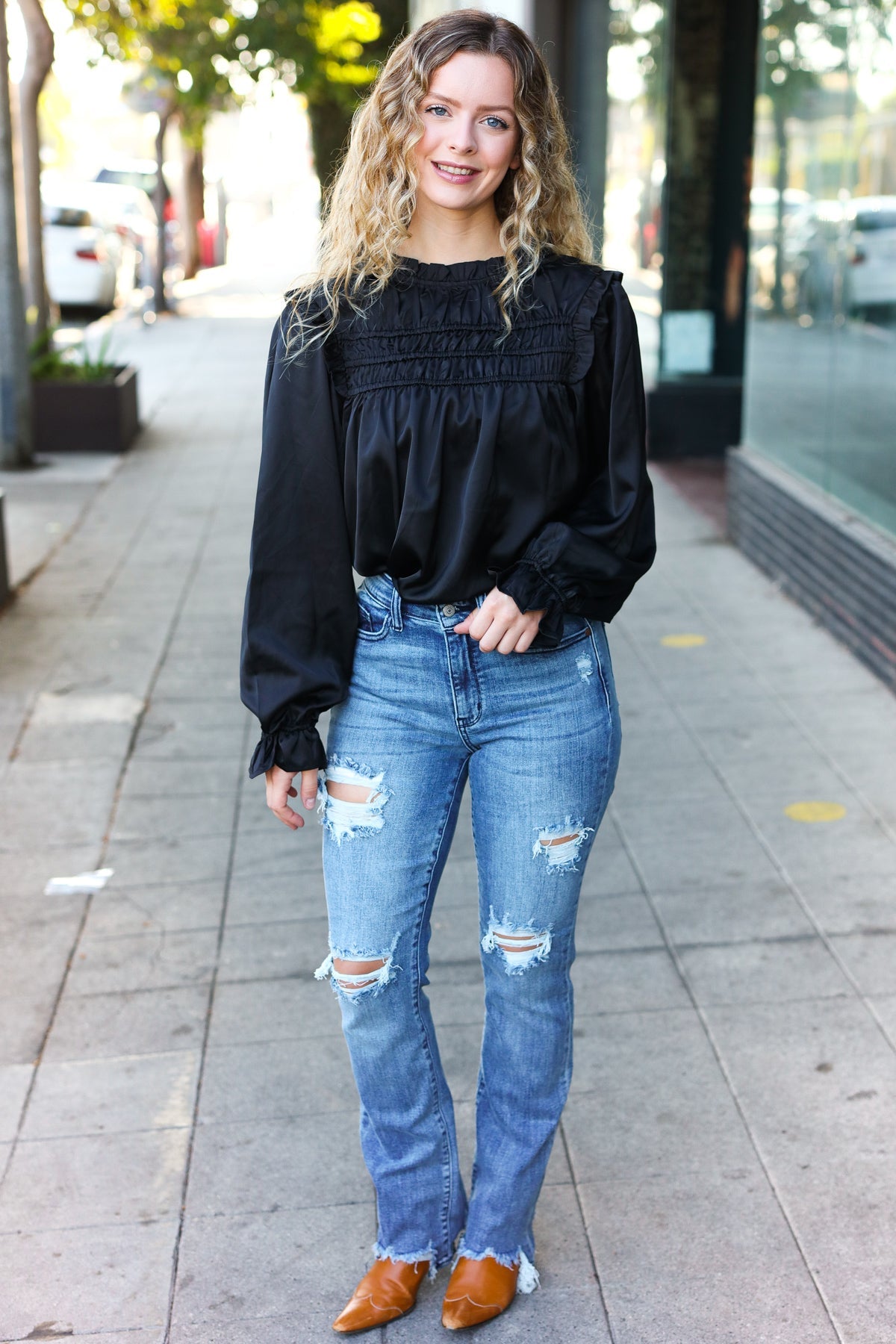 Be Your Best Black Satin Shirred Yoke Frilled Mock Neck Top