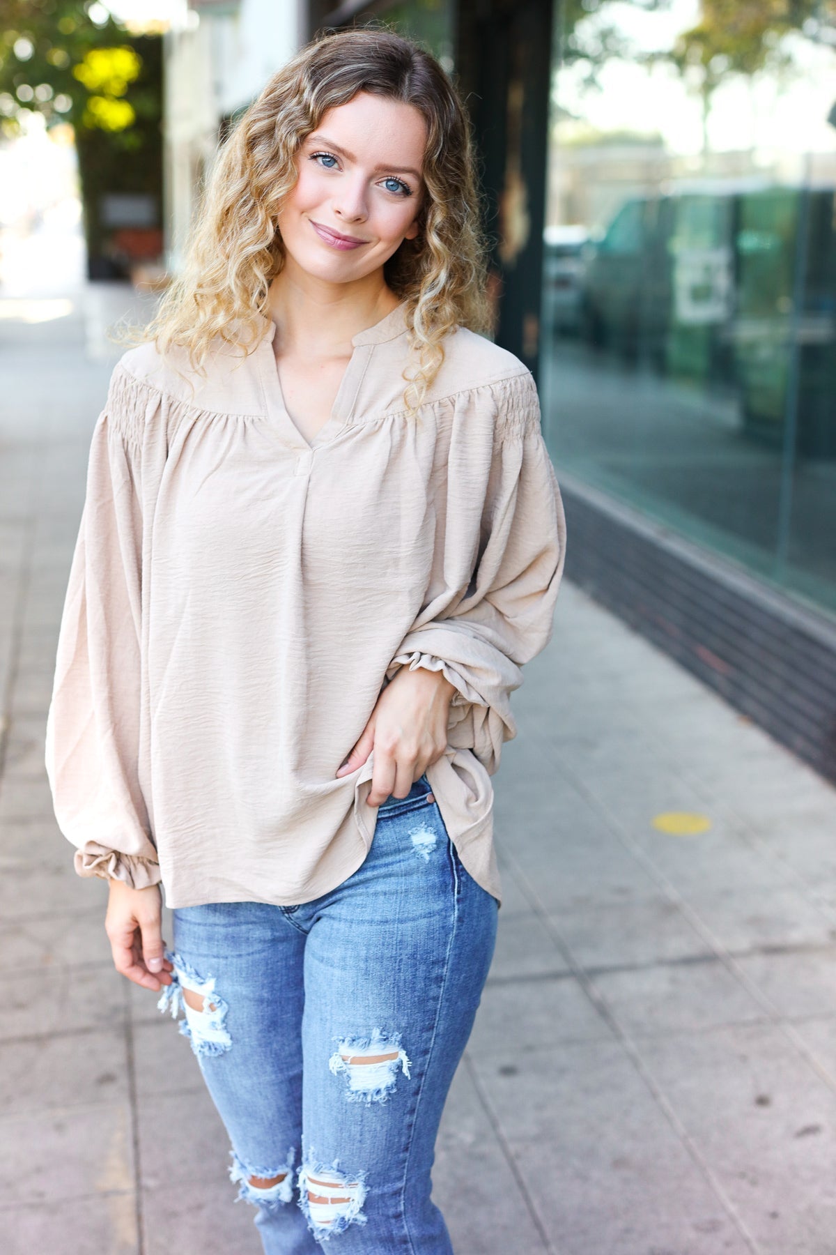 Boho Vibes Taupe Notched Neck Smocked Bubble Sleeve Top