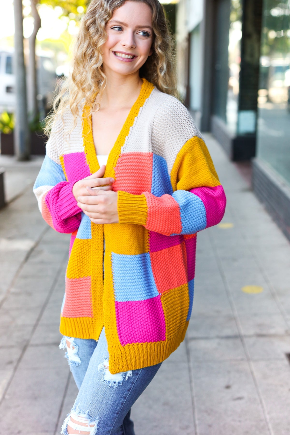 Spread Joy Multicolor Chunky Knit Color Block Patchwork Cardigan