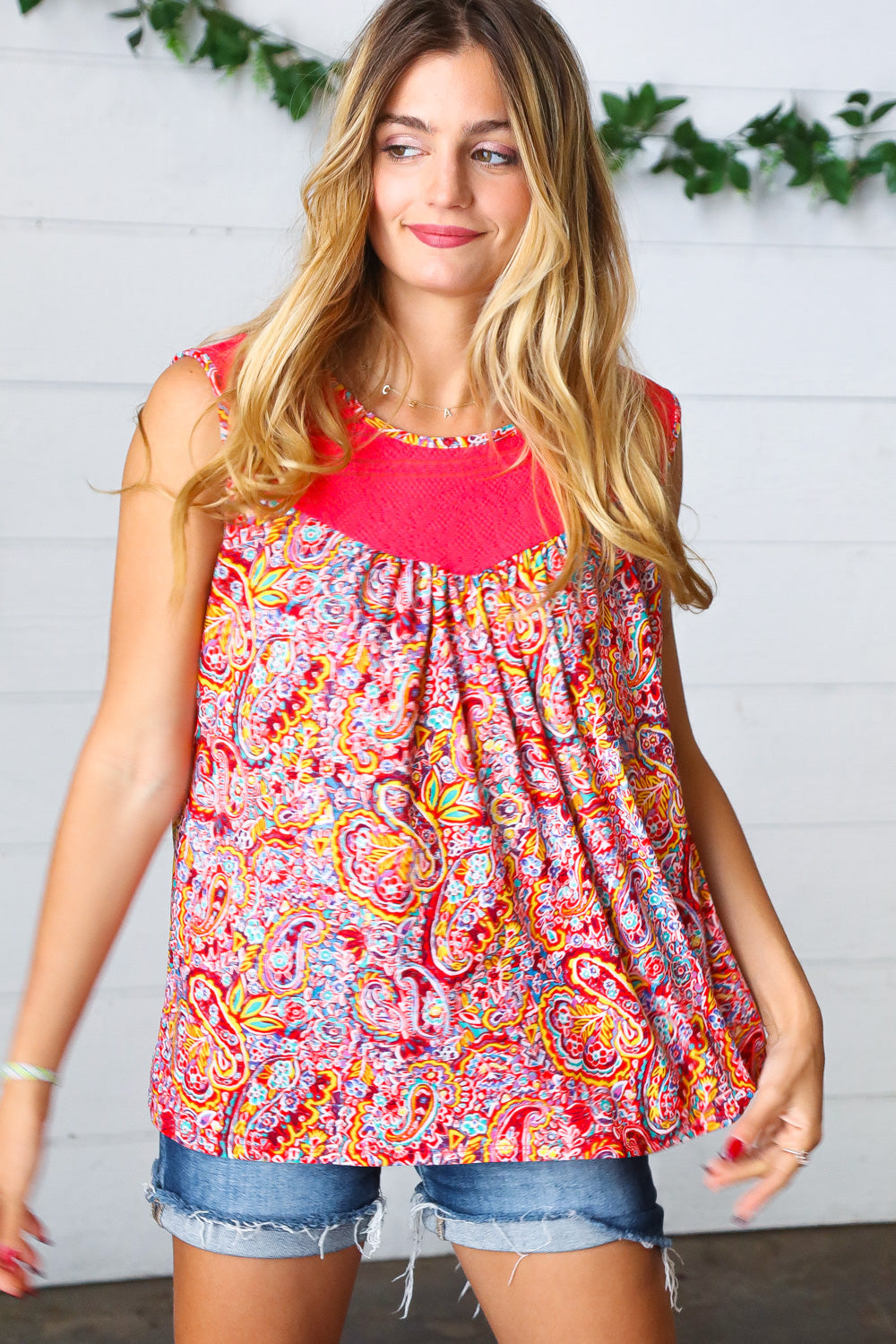 Coral Jacquard Lace Paisley Print Tank Top