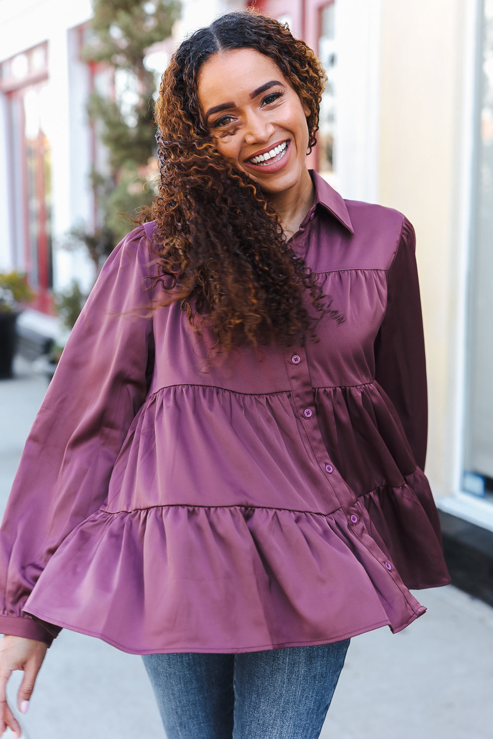 Perfectly You Burgundy Button Down Tiered Babydoll Satin Top