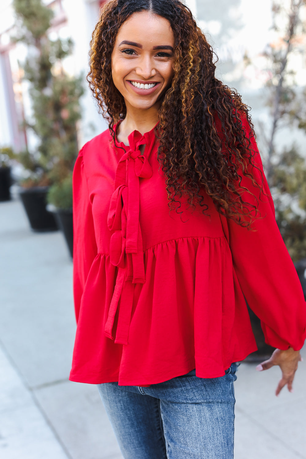 Embrace Joy Red Ribbon Bow Tie Babydoll Woven Top