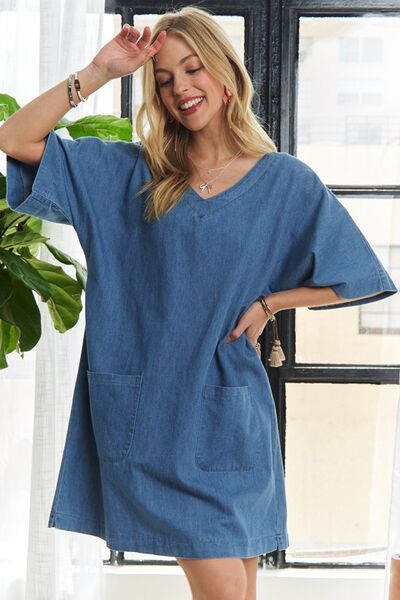 ADORA V-Neck Half Sleeve Mini Denim Dress – Chic & Casual Jean Dress-Evelyns Fashion