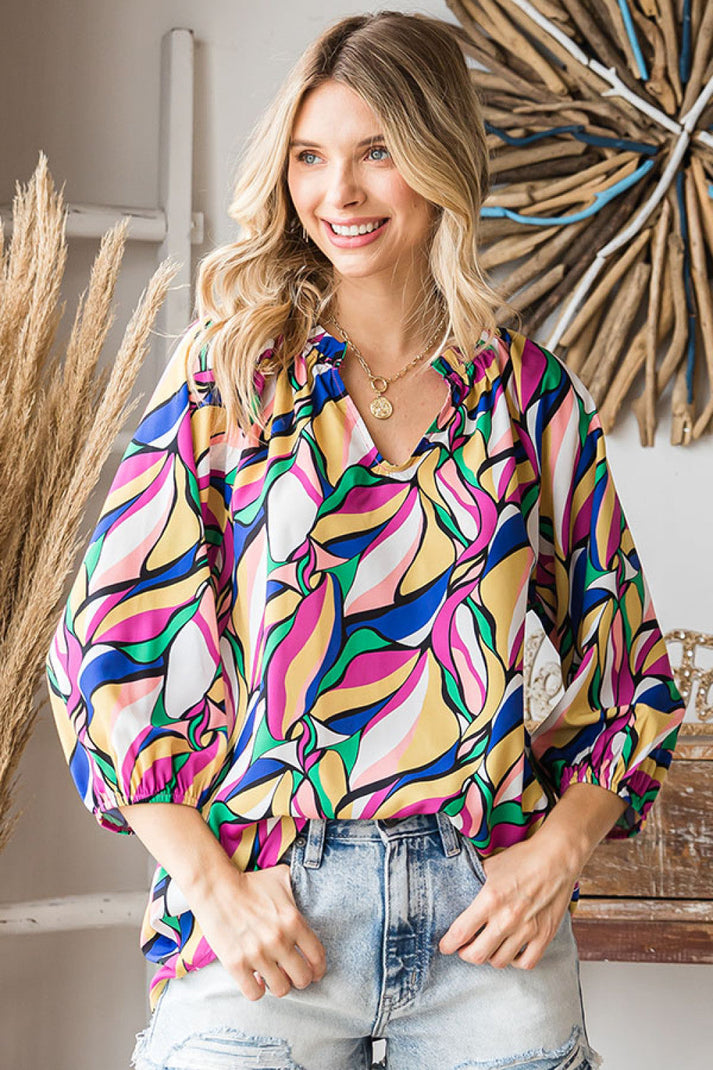 Abstract Print Long Sleeve Blouse-Evelyns Fashion