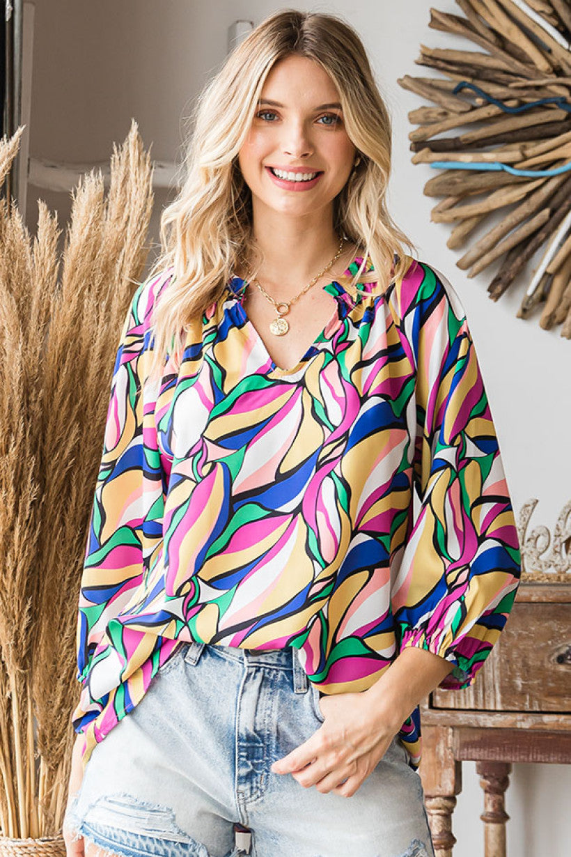 Abstract Print Long Sleeve Blouse-Evelyns Fashion