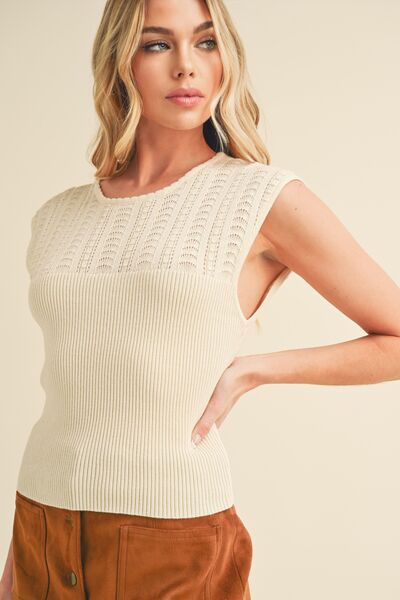 Aemi + Co Openwork Round Neck Cap Sleeve Knit Top-Evelyns Fashion