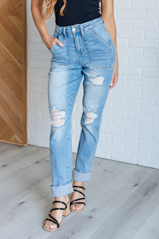 Aiden High Rise Patch Pocket Distressed Jeans-Evelyns Fashion