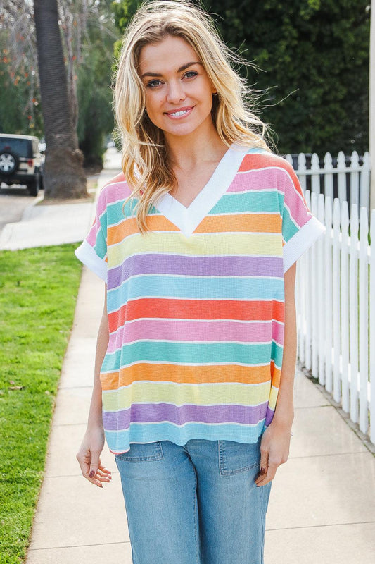 Bedazzled Rainbow Striped V-Neck Thermal Knit Top-Evelyns Fashion