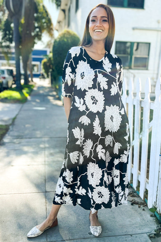 Black Puff Print Floral Elastic Short Sleeve Maxi Dress-Evelyns Fashion