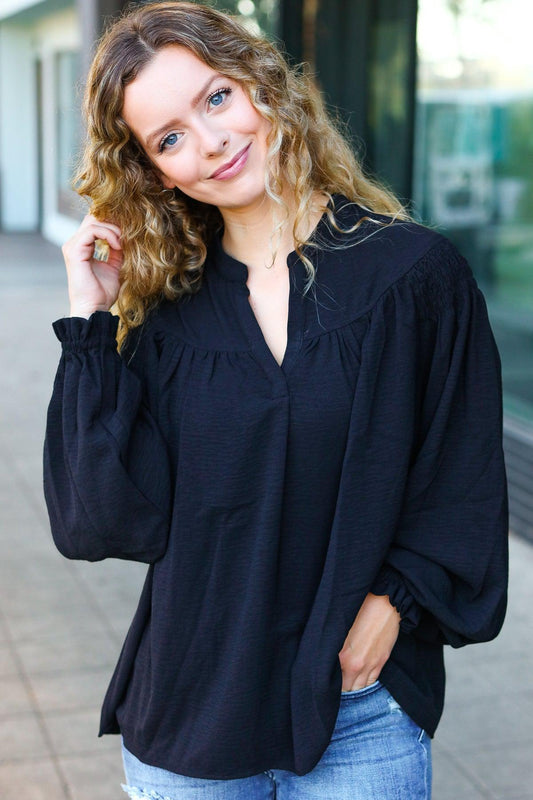 Boho Vibes Black Smocked Bubble Sleeve Top-Evelyns Fashion