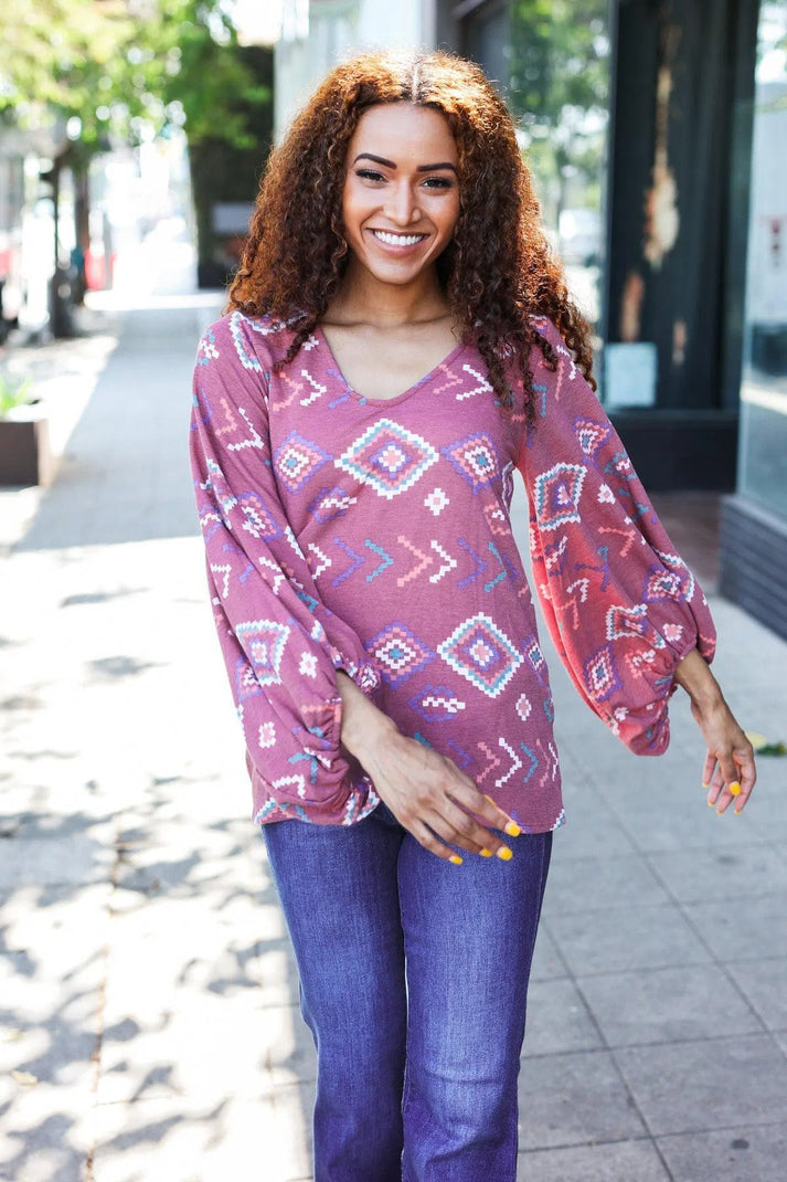 Boho Vibes Elastic Long Sleeve Aztec Print V Neck Pullover-Evelyn's-Fashion