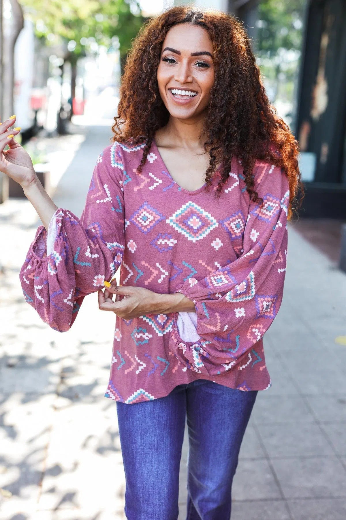 Boho Vibes Elastic Long Sleeve Aztec Print V Neck Pullover-Evelyn's-Fashion